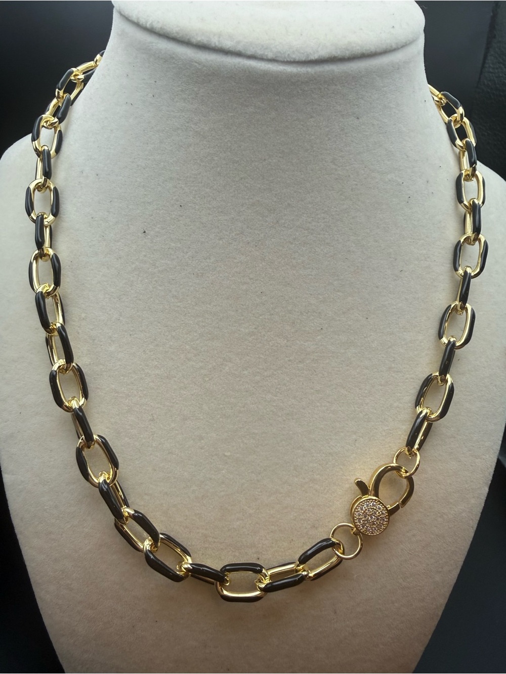 Gold and Black Chain Link Necklace with Pavé Toggle Pendant
